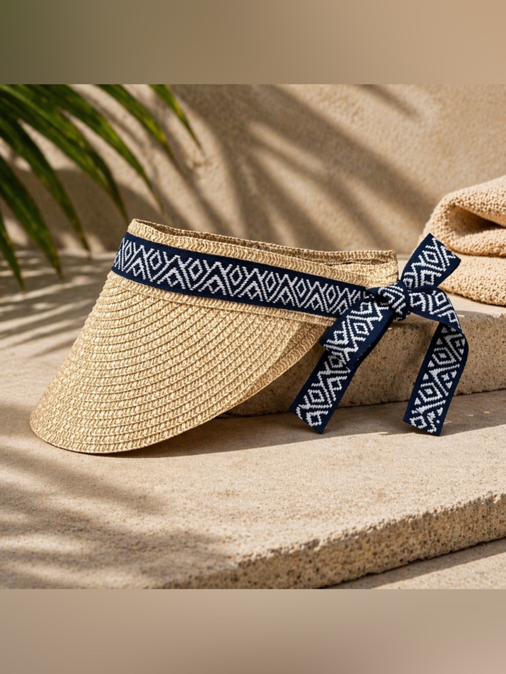 Sea & Grass Straw Visor Navy Ribbon Tie Coastal Preppy Sun Hat